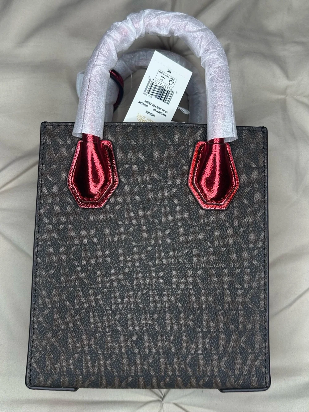 MICHAEL KORS Brown MK Logo Satchel with Red Accent Handles